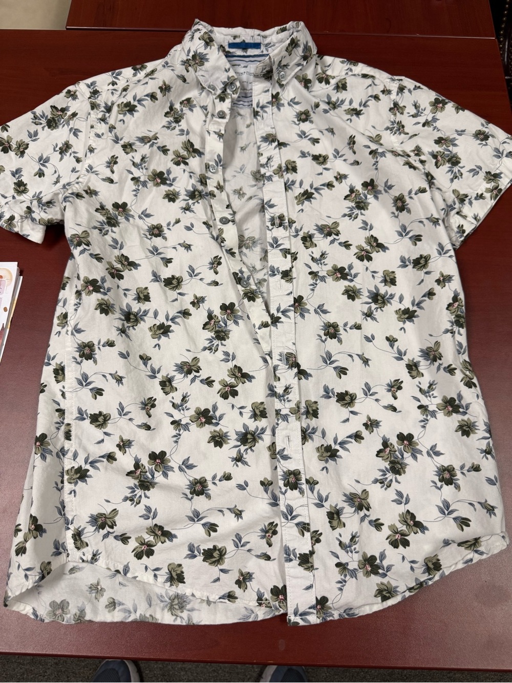 Denim & Flower White Shirt with Navy Stripes and Green Floral Trim
